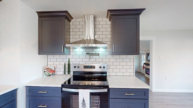 kitchen featuring backsplash, light hardwood / wood-style floors, stainless steel range with electric cooktop, and wall chimney exhaust hood