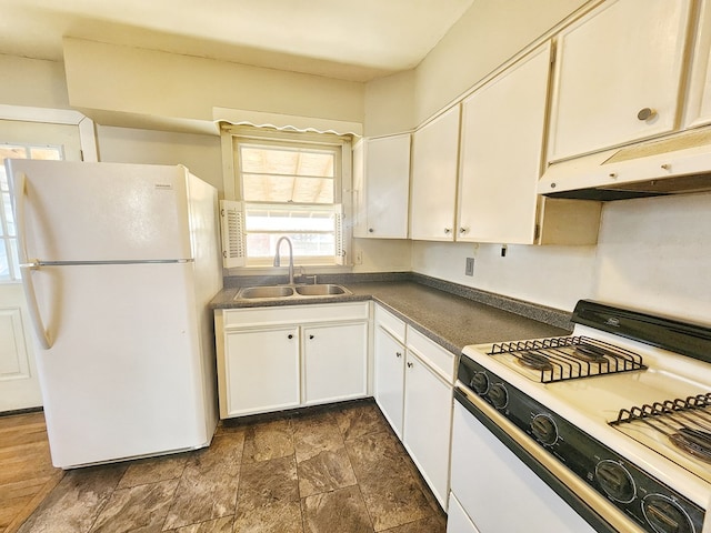 kitchen featuring white cabinetry, white appliances, and sink