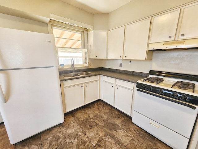 kitchen with white cabinetry, sink, and white appliances