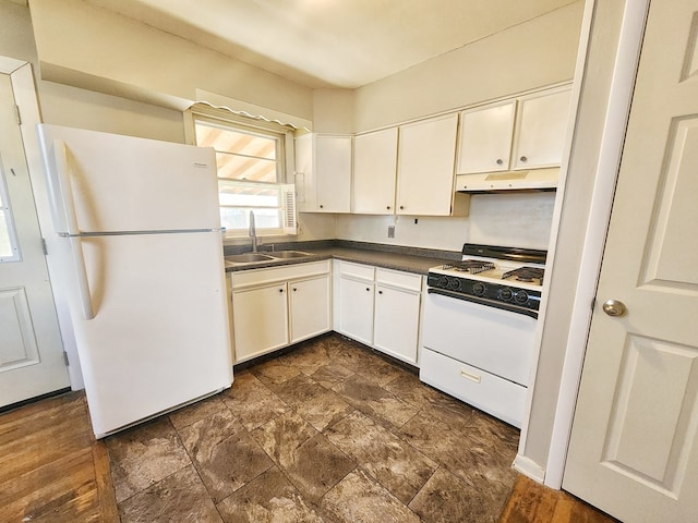 kitchen with white cabinetry, white appliances, and sink