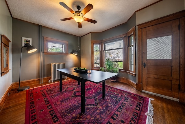 home office featuring ceiling fan, dark hardwood / wood-style flooring, a textured ceiling, and radiator