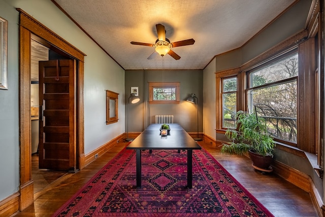 office area featuring ceiling fan, ornamental molding, a textured ceiling, dark hardwood / wood-style flooring, and radiator heating unit