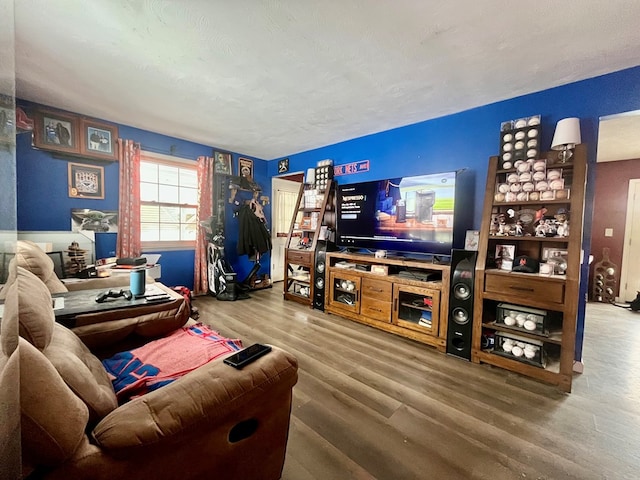 living room with hardwood / wood-style floors and a textured ceiling