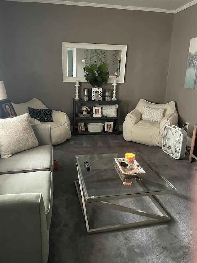 carpeted living room featuring ornamental molding