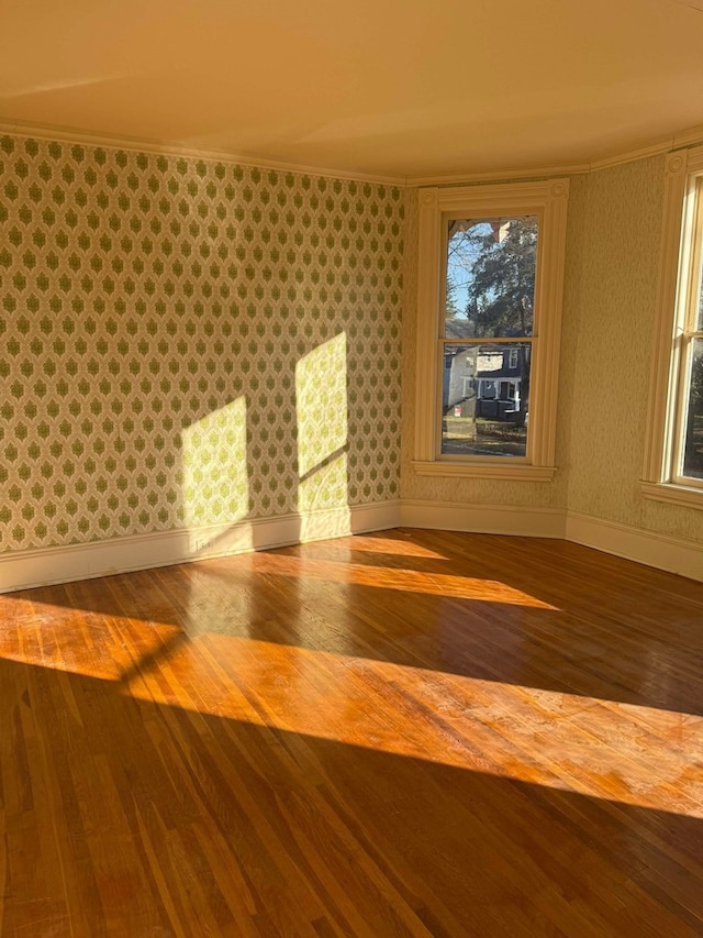 spare room with wood-type flooring and ornamental molding