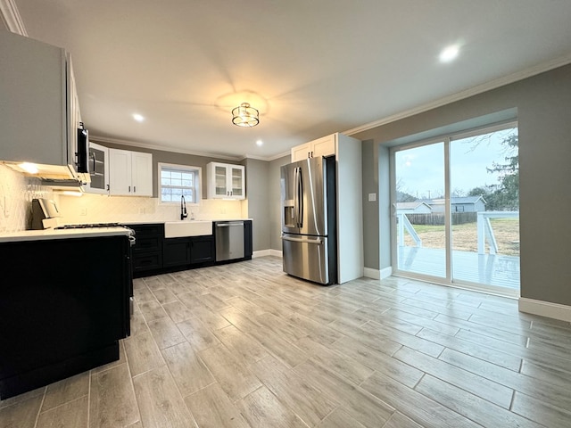 kitchen with white cabinetry, stainless steel appliances, sink, and tasteful backsplash