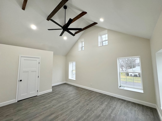 interior space with dark hardwood / wood-style flooring, a wealth of natural light, high vaulted ceiling, and beamed ceiling