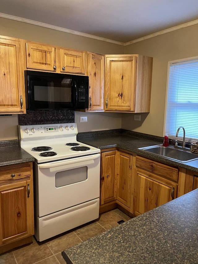 kitchen with tile patterned flooring, electric range, crown molding, and sink