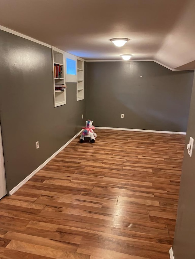 spare room featuring wood-type flooring and built in features