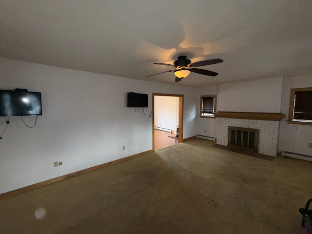 unfurnished living room featuring a brick fireplace, ceiling fan, light carpet, and a baseboard heating unit