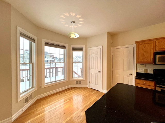 kitchen with pendant lighting, electric range, and light hardwood / wood-style flooring