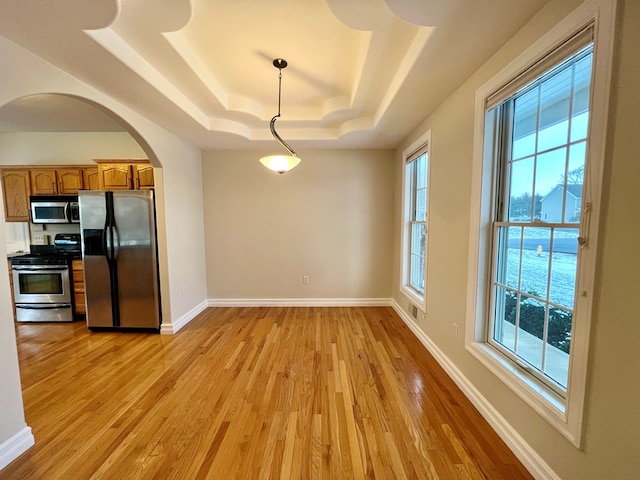 unfurnished dining area featuring light hardwood / wood-style flooring and a tray ceiling