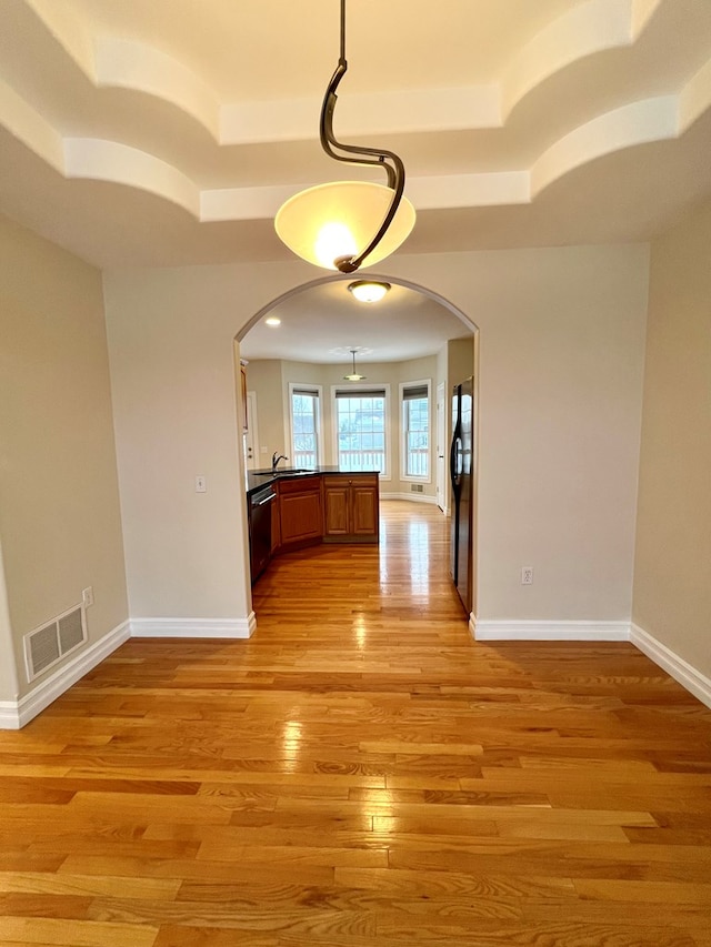 unfurnished dining area with sink, light hardwood / wood-style flooring, and a tray ceiling