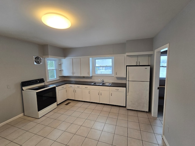 kitchen featuring white cabinetry, sink, light tile patterned flooring, and white appliances