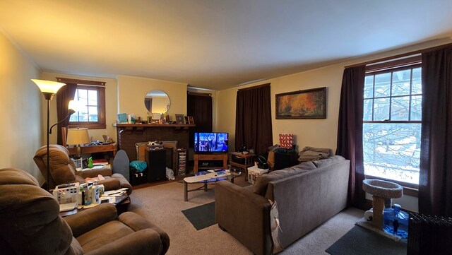 carpeted living room featuring ornamental molding