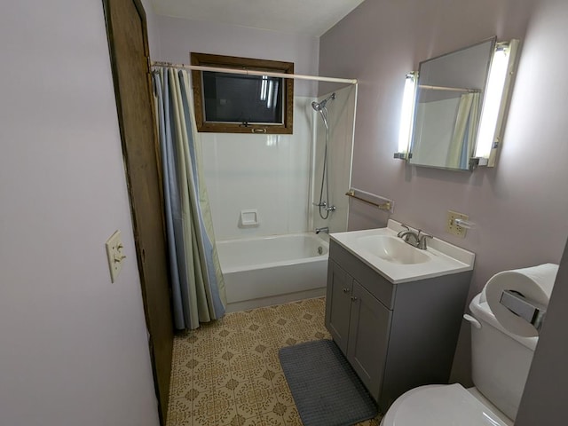 full bathroom with shower / bath combination with curtain, vanity, toilet, and tile patterned floors