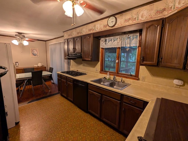 kitchen featuring white refrigerator, sink, black dishwasher, dark brown cabinetry, and stainless steel gas cooktop