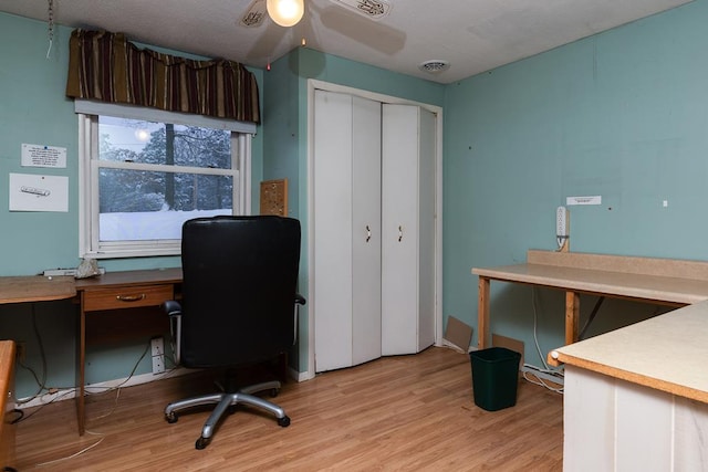 office featuring ceiling fan and light hardwood / wood-style flooring