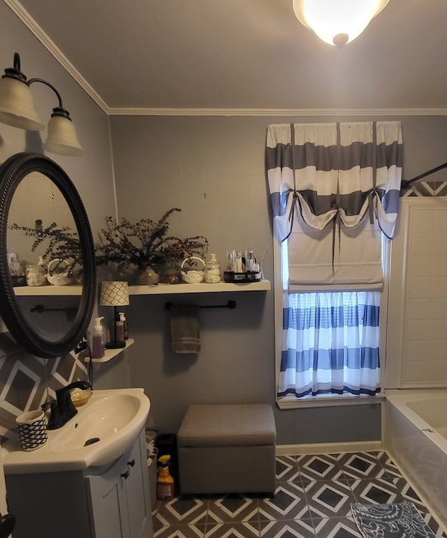 bathroom featuring vanity and ornamental molding