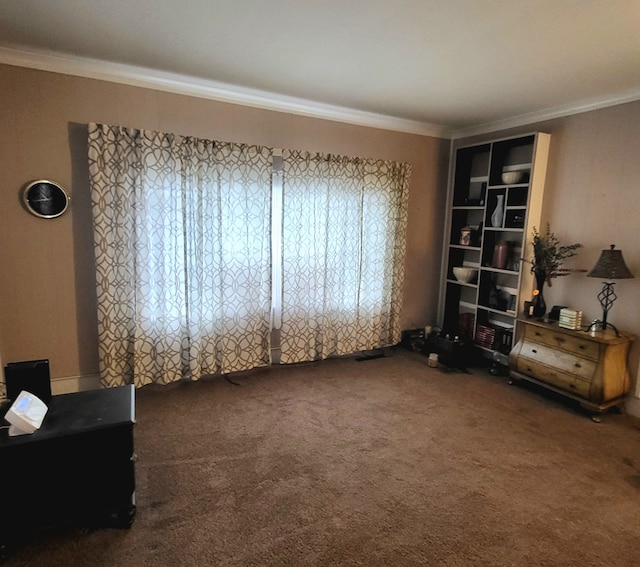 living area featuring carpet floors and ornamental molding