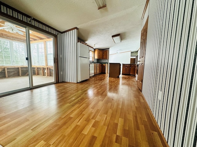 unfurnished living room featuring a textured ceiling and light wood-type flooring