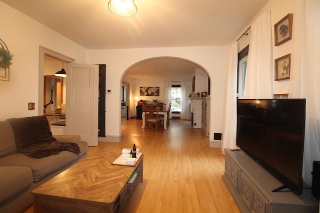 living room with light hardwood / wood-style flooring