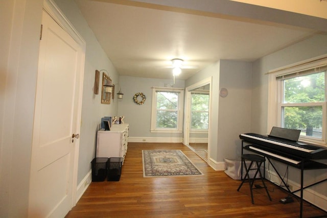 misc room with a wealth of natural light and dark hardwood / wood-style flooring