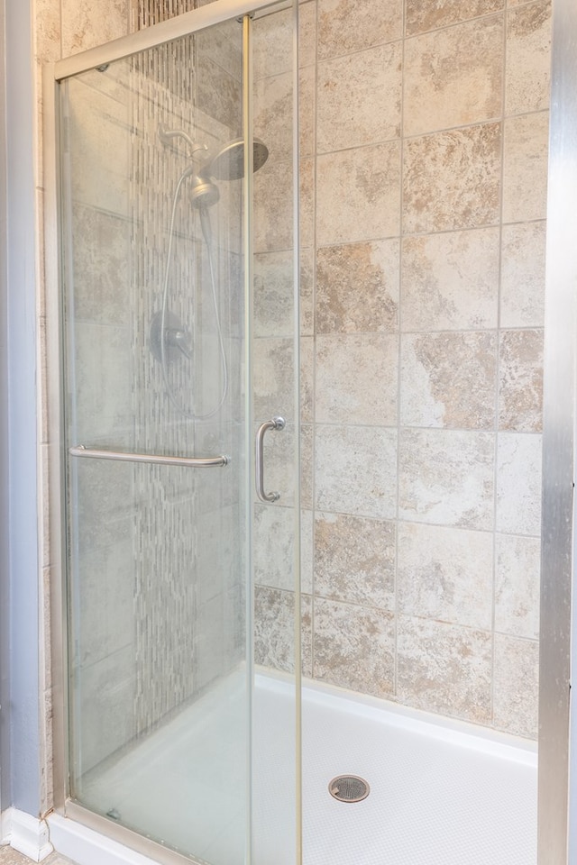 bathroom featuring a shower with shower door