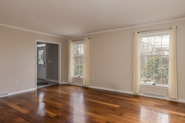 unfurnished room with dark wood-type flooring, a wealth of natural light, and ornamental molding