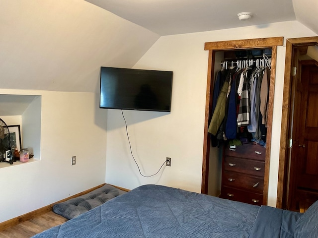 bedroom with a closet, lofted ceiling, and wood-type flooring