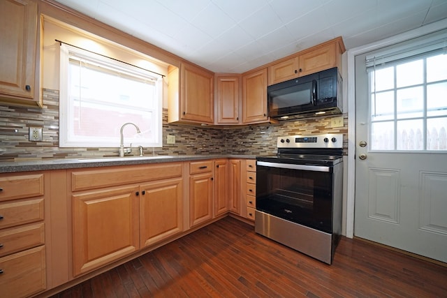 kitchen featuring tasteful backsplash, stainless steel range with electric stovetop, dark wood-type flooring, sink, and stone counters