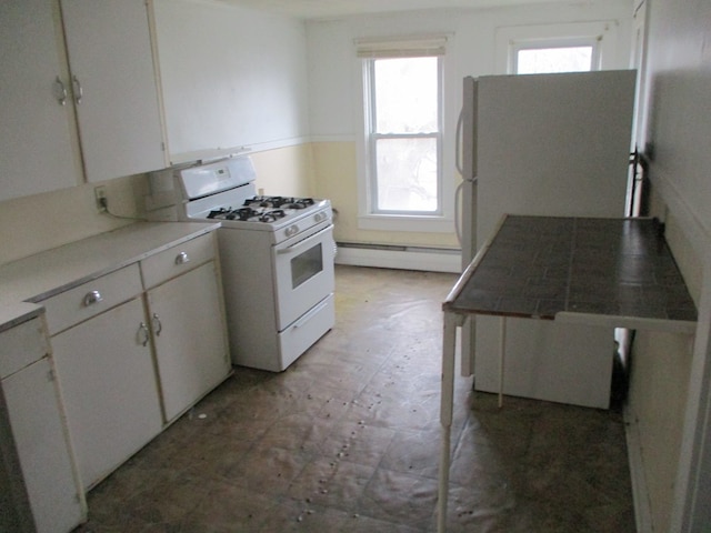 kitchen with a baseboard heating unit, white cabinetry, and white appliances