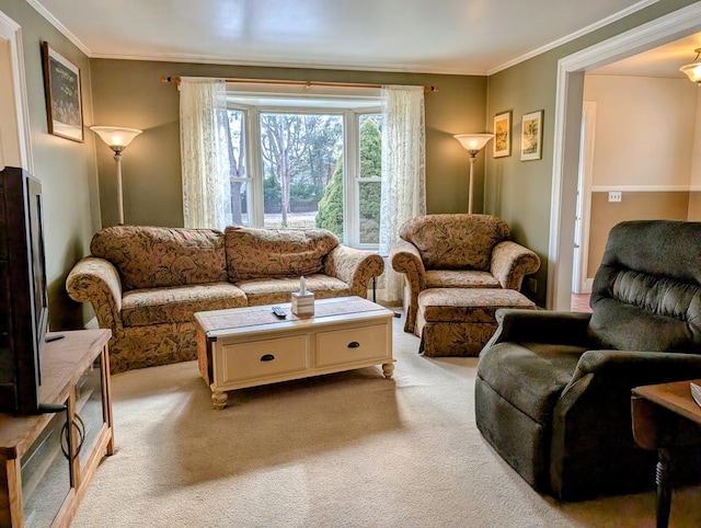 carpeted living room with ornamental molding