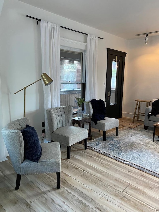 living area with track lighting and light hardwood / wood-style flooring