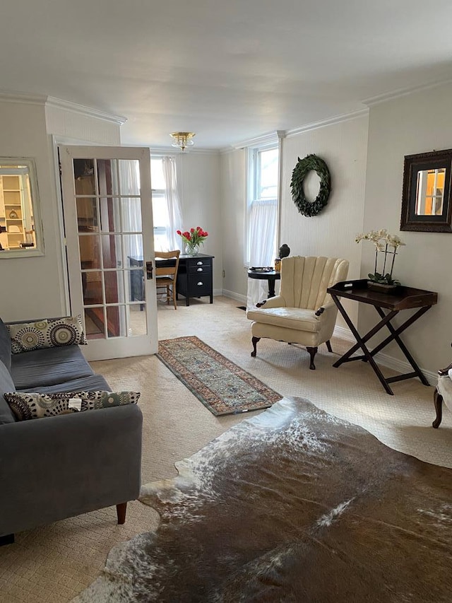 carpeted living room featuring ornamental molding