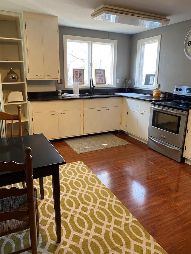 kitchen featuring electric stove, white cabinetry, sink, and dark wood-type flooring