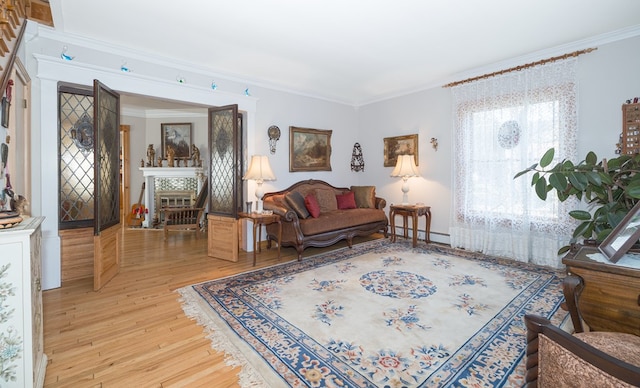 living room with hardwood / wood-style flooring and ornamental molding