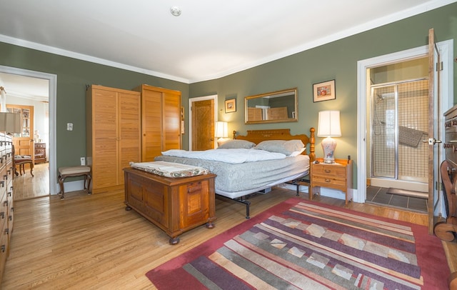 bedroom with light hardwood / wood-style floors and ornamental molding