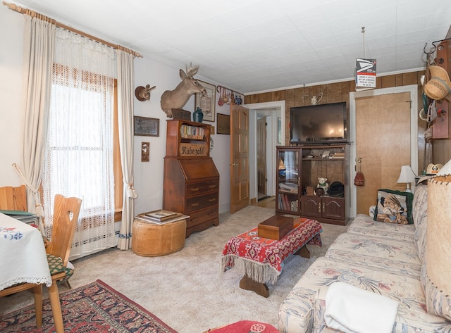 living room featuring a wealth of natural light, wood walls, crown molding, and light carpet