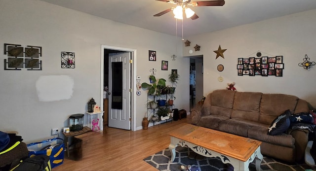 living room featuring ceiling fan and wood-type flooring