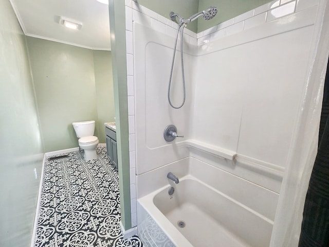 full bathroom with ornamental molding, vanity,  shower combination, toilet, and tile patterned floors