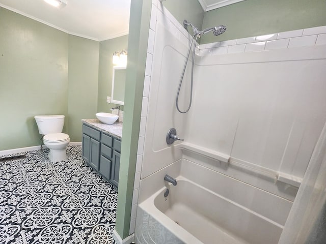 full bathroom with crown molding, shower / tub combination, vanity, tile patterned floors, and toilet