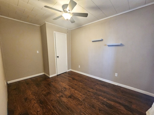 interior space with crown molding, ceiling fan, and dark hardwood / wood-style flooring