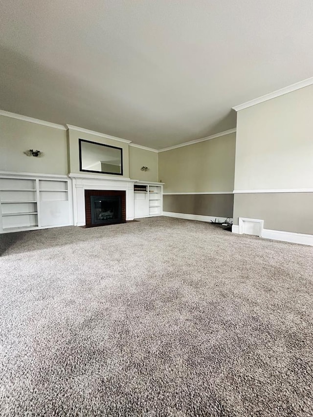 unfurnished living room with crown molding and carpet flooring