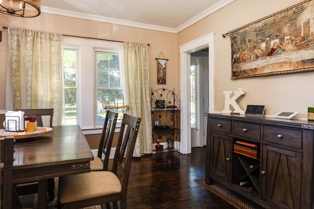 dining space with crown molding and dark hardwood / wood-style floors