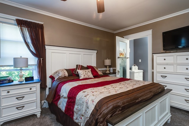 bedroom with dark carpet, ceiling fan, and crown molding