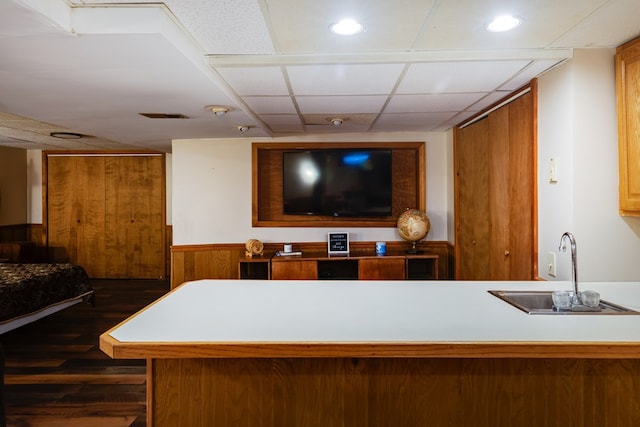 interior space featuring wood walls, a paneled ceiling, kitchen peninsula, dark wood-type flooring, and sink