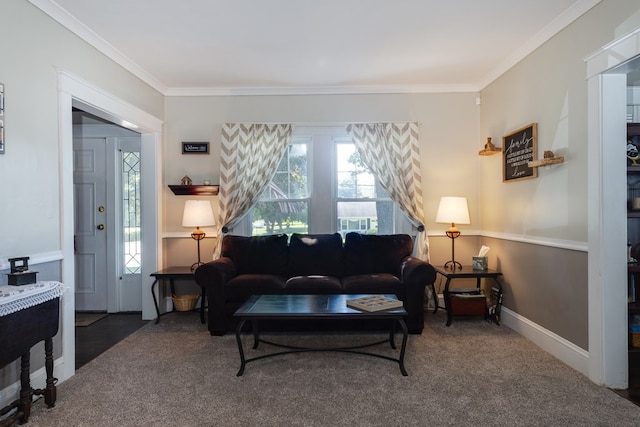 carpeted living room with ornamental molding