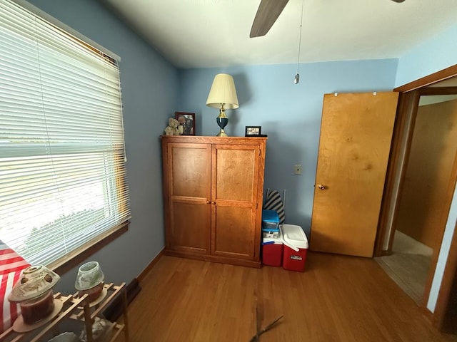 interior space with ceiling fan and light hardwood / wood-style flooring