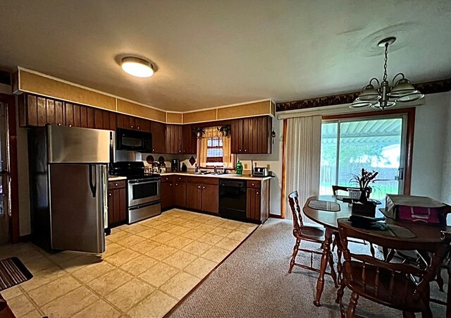 kitchen featuring a notable chandelier, light colored carpet, decorative light fixtures, dark brown cabinets, and black appliances